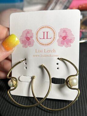Lisi Lerch Gold Tone Abstract Wave Hoop Earrings Faux Pearl Accent New